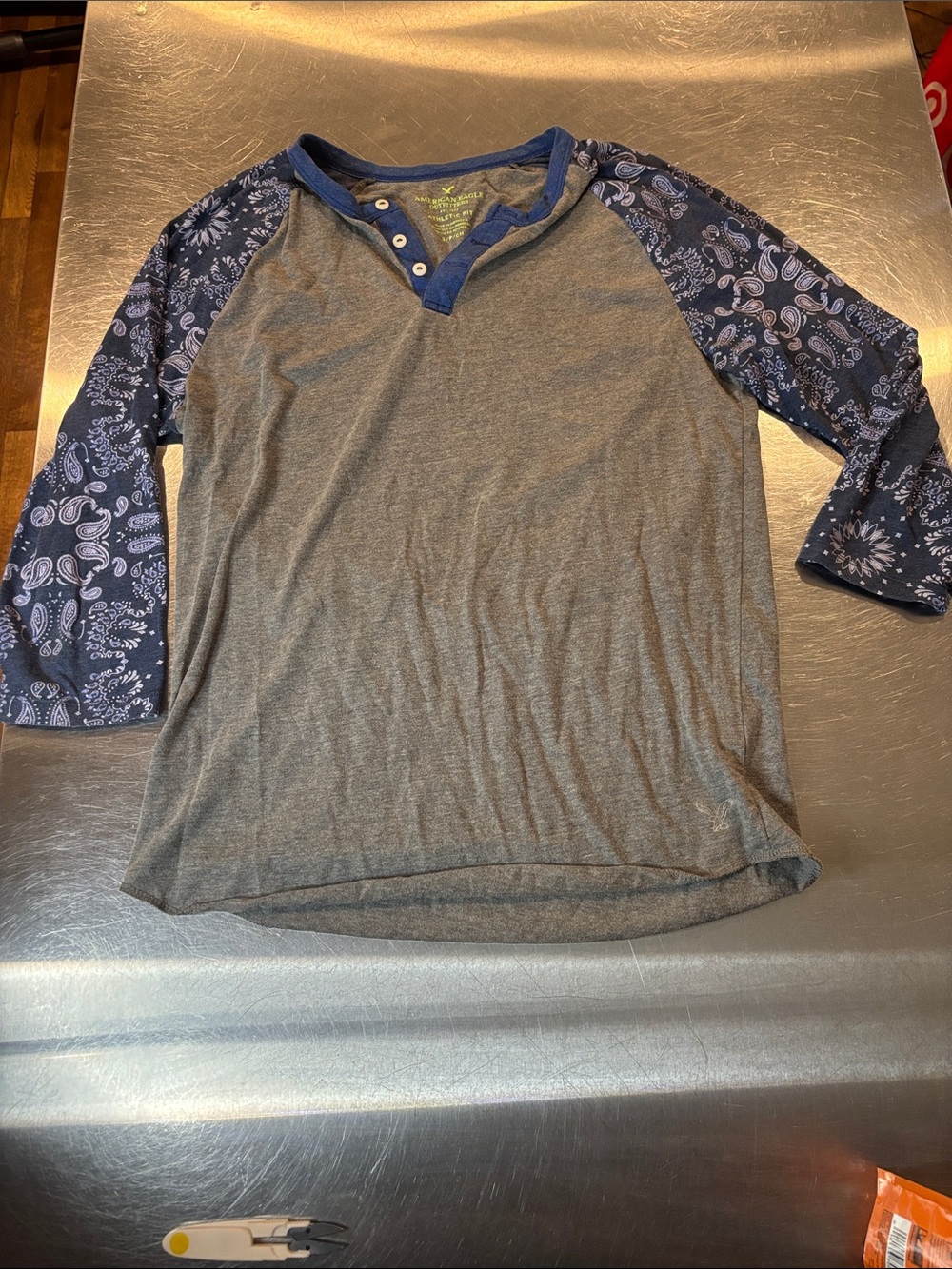 American Eagle Outfitters Gray Henley with Navy Trim